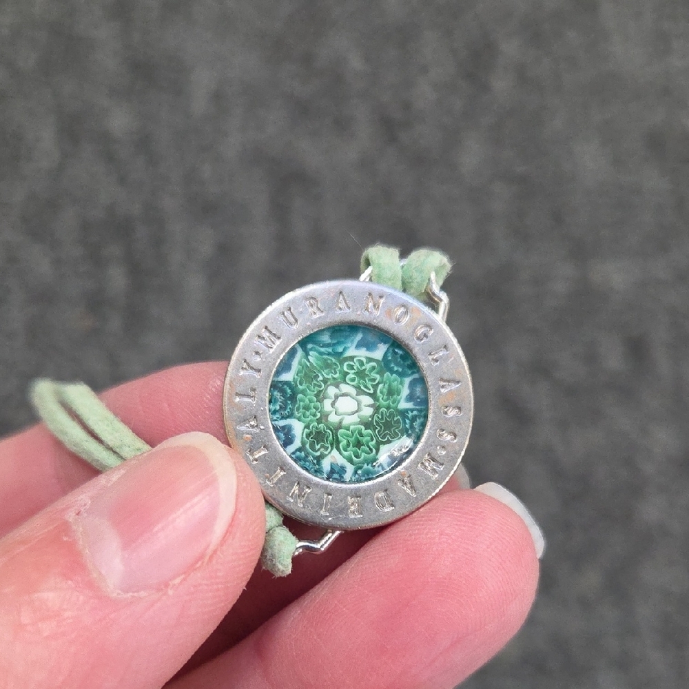 Murano Mint Green Cord Bracelet with Blue Floral Glass Medallion - Picture 7 of 9